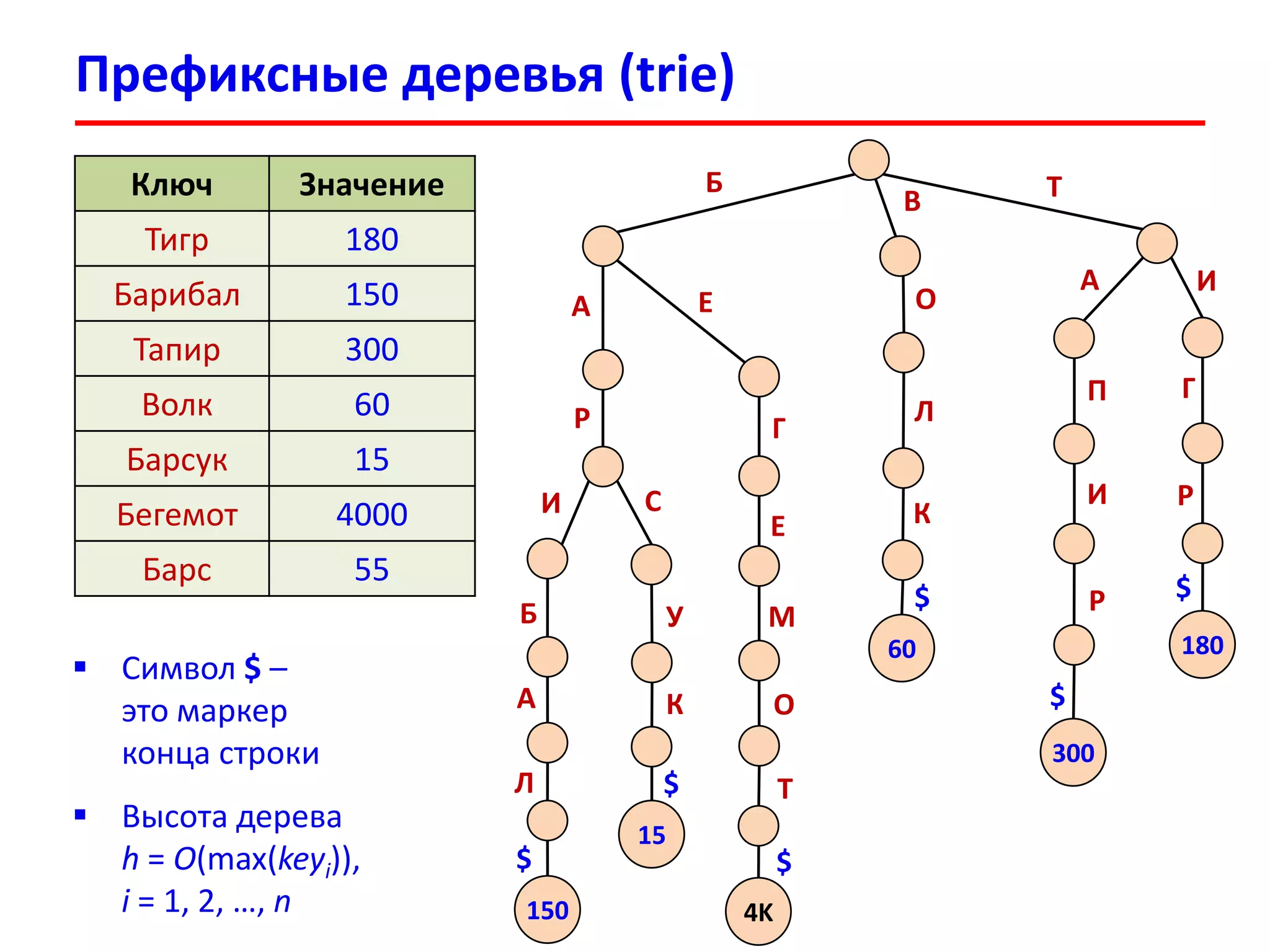 Префиксные деревья (trie)
Ключ Значение
Тигр 180
Барибал 150
Тапир 300
Волк 60
Барсук 15
Бегемот 4000
Барс 55
 Символ $ –
это маркер
конца строки
 Высота дерева
h = O(max(keyi)),
i = 1, 2, …, n
Б Т
А
Р
И
Б
А
Л
С
У
К
150
$
15
$
А И
П
И
Р
300
$
Г
Р
180
$
Г
Е
М
О
Т
4K
$
Е
В
О
Л
К
60
$
 