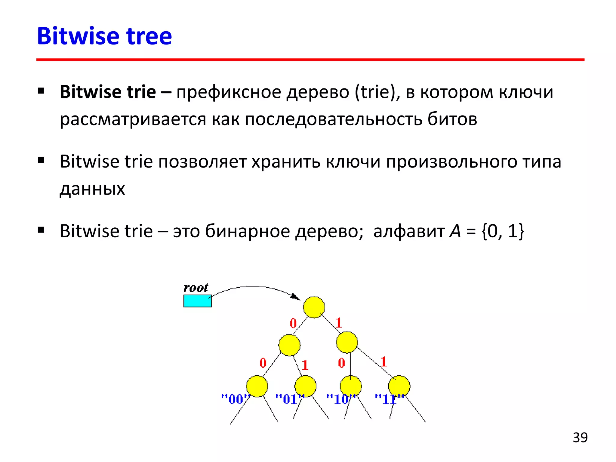 Bitwise tree
39
 Bitwise trie – префиксное дерево (trie), в котором ключи
рассматривается как последовательность битов
 Bitwise trie позволяет хранить ключи произвольного типа
данных
 Bitwise trie – это бинарное дерево; алфавит A = {0, 1}
 