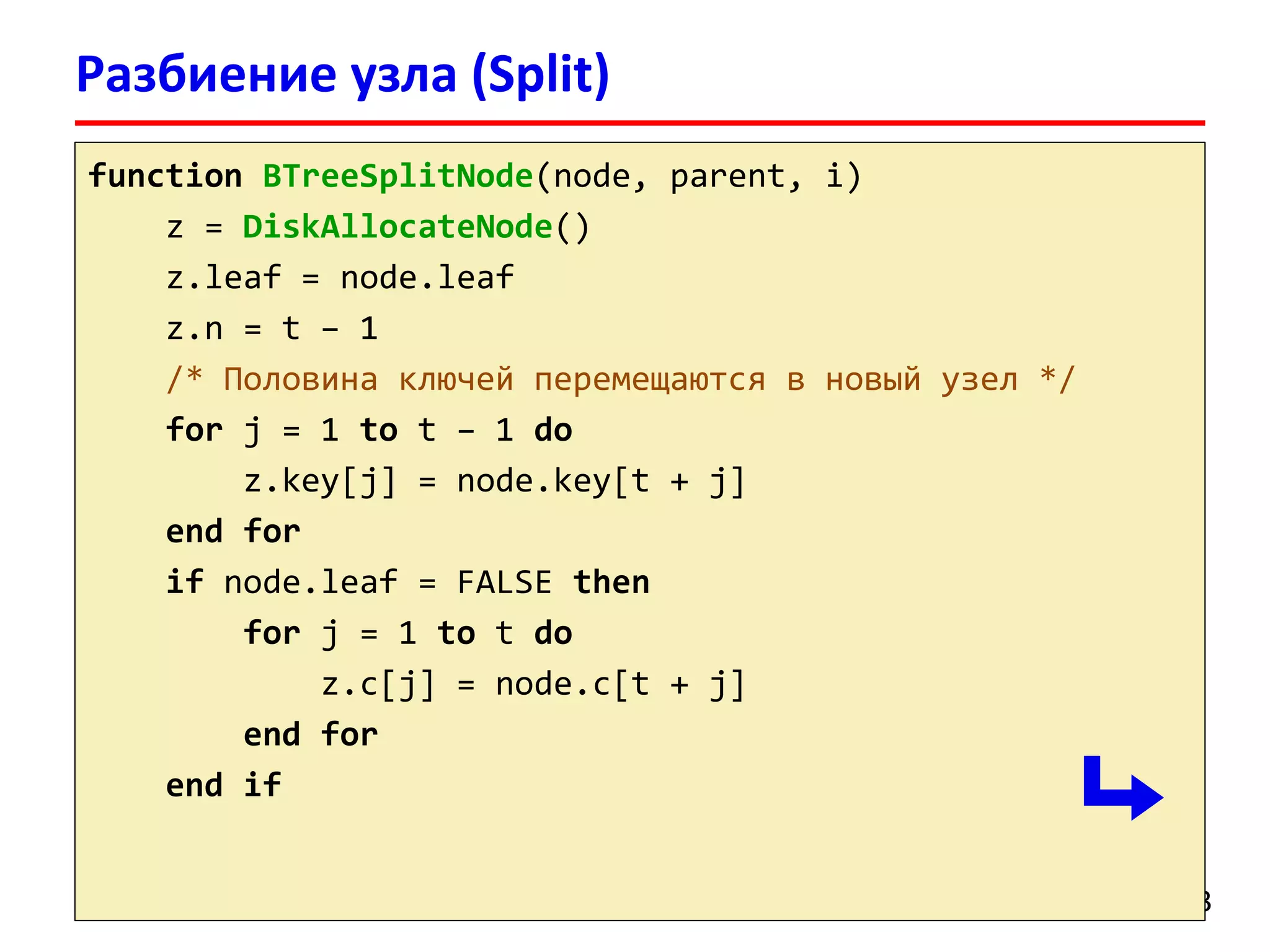 Разбиение узла (Split)
33
function BTreeSplitNode(node, parent, i)
z = DiskAllocateNode()
z.leaf = node.leaf
z.n = t – 1
/* Половина ключей перемещаются в новый узел */
for j = 1 to t – 1 do
z.key[j] = node.key[t + j]
end for
if node.leaf = FALSE then
for j = 1 to t do
z.c[j] = node.c[t + j]
end for
end if
 