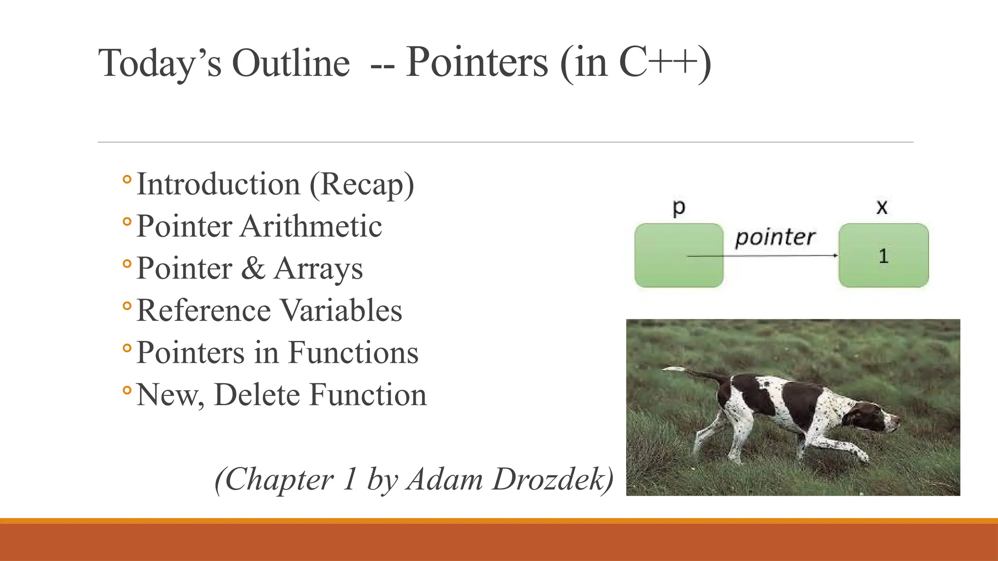 Today’s Outline -- Pointers (in C++)
◦Introduction (Recap)
◦Pointer Arithmetic
◦Pointer & Arrays
◦Reference Variables
◦Pointers in Functions
◦New, Delete Function
(Chapter 1 by Adam Drozdek)
 