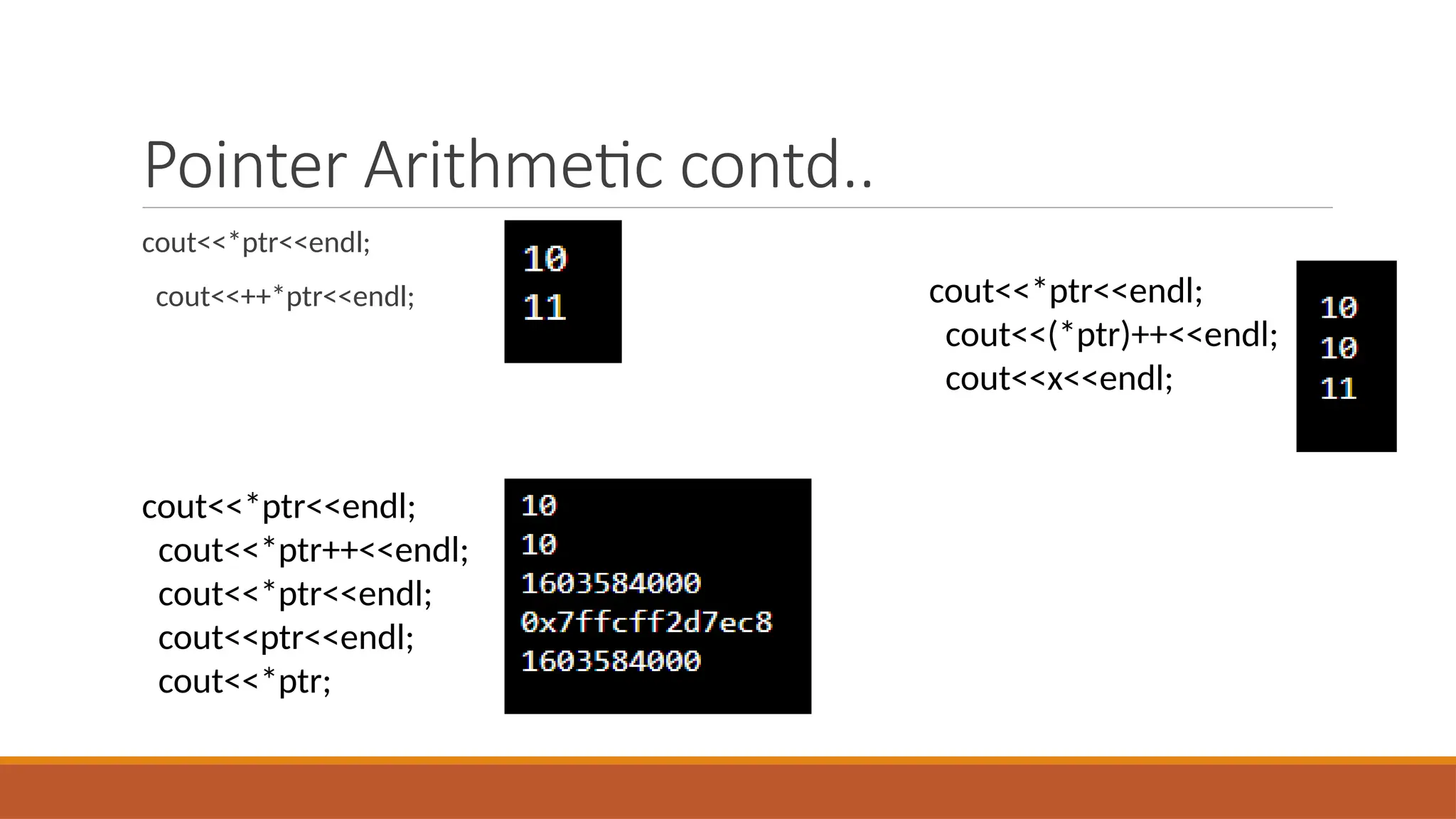 Pointer Arithmetic contd..
cout<<*ptr<<endl;
cout<<++*ptr<<endl;
cout<<*ptr<<endl;
cout<<*ptr++<<endl;
cout<<*ptr<<endl;
cout<<ptr<<endl;
cout<<*ptr;
cout<<*ptr<<endl;
cout<<(*ptr)++<<endl;
cout<<x<<endl;
 