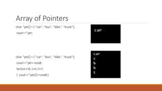 Array of Pointers
char *ptr[] = { "car", "bus", "bike", "truck"};
cout<<*ptr;
char *ptr[] = { "car", "bus", "bike", "truck"};
cout<<*ptr<<endl;
for(int i=0; i<4; i++)
{ cout<<*ptr[i]<<endl;}
 