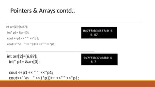 int arr[2]={6,87};
int* p1= &arr[0];
cout <<p1 << " " <<*p1;
cout<<" n " << *p1++ <<" " <<*p1;
_______________________________________________________
int arr[2]={6,87};
int* p1= &arr[0];
cout <<p1 << " " <<*p1;
cout<<" n " << (*p1)++ <<" " <<*p1;
Pointers & Arrays contd..
 