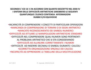 SECONDO L’ ICD 10 E IN ACCORDO CON QUANTO DESCRITTO NEL DSM-IV
   I SINTOMI DELLE DIFFICOLTÀ ARITMETICHE SAREBBERO LE SEGUENTI
          QUANTUNQUE L’ELENCO CONTENGA AFFERMAZIONI
                        DUBBIE E/O EQUIVOCHE


•INCAPACITÀ DI COMPRENDERE I CONCETTI DI PARTICOLARI OPERAZIONI
   •MANCANZA DI COMPRENSIONE DI TERMINI O DI SEGNI ARITMETICI
           •MANCATO RICONOSCIMENTO DEI SIMBOLI NUMERICI
 •DIFFICOLTÀ AD ATTUARE LE MANIPOLAZIONI ARITMETICHE STANDARD
    •DIFFICOLTÀ NEL COMPRENDERE QUALI NUMERI SONO PERTINENTI
          AL PROBLEMA ARITMETICO CHE SI STA CONSIDERANDO
          •DIFFICOLTÀ AD ALLINEARE CORRETTAMENTE I NUMERI
   •DIFFICOLTÀ AD INSERIRE DECIMALI O SIMBOLI DURANTE I CALCOLI
            •SCORRETTA ORGANIZZAZIONE SPAZIALE DEI CALCOLI
  •INCAPACITÀ AD APPRENDERE LE TABELLINE DELLA MOLTIPLICAZIONE



24/11/2011              R. Imperiale, DISCALCULIA                 10
 