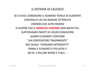IL SISTEMA DI CALCOLO
      SE SI VUOL CONOSCERE IL NUMERO TOTALE DI ELEMENTI
               CONTENUTI UN UN INSIEME OTTENUTO
                    UNENDO DUE ALTRI INSIEMI
       SI SCOPRE CHE IL SEMPLICE CONTARE NON BASTA PIÙ.
             SUPPONIAMO INFATTI DI VOLER CONOSCERE
                   QUANTI ELEMENTI CONTIENE
                 “UN CONTENITORE TRASPARENTE”
                NEL QUALE “VENGANO INTRODOTTI”
                  PRIMA 5 ELEMENTI E POI ALTRI 3
                 AD ES. 5 PALLINE ROSSE E 3 BLU …



24/11/2011             R. Imperiale, DISCALCULIA          161
 