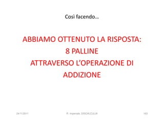 Così facendo…



     ABBIAMO OTTENUTO LA RISPOSTA:
                8 PALLINE
       ATTRAVERSO L’OPERAZIONE DI
               ADDIZIONE



24/11/2011     R. Imperiale, DISCALCULIA   163
 