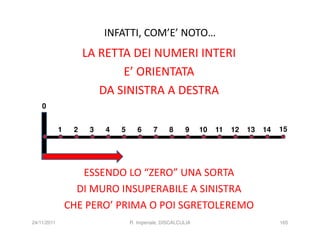 INFATTI, COM’E’ NOTO…
                      LA RETTA DEI NUMERI INTERI
                             E’ ORIENTATA
                         DA SINISTRA A DESTRA
    0


             1    2    3   4   5      6     7      8     9     10   11   12   13   14   15




                    ESSENDO LO “ZERO” UNA SORTA
                   DI MURO INSUPERABILE A SINISTRA
                 CHE PERO’ PRIMA O POI SGRETOLEREMO
24/11/2011                         R. Imperiale, DISCALCULIA                            165
 