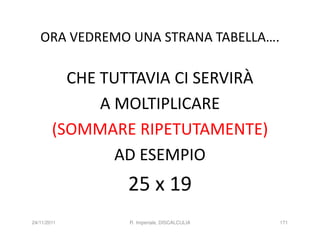 ORA VEDREMO UNA STRANA TABELLA….

          CHE TUTTAVIA CI SERVIRÀ
              A MOLTIPLICARE
        (SOMMARE RIPETUTAMENTE)
                AD ESEMPIO
                25 x 19
24/11/2011      R. Imperiale, DISCALCULIA   171
 