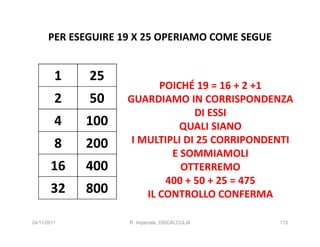 PER ESEGUIRE 19 X 25 OPERIAMO COME SEGUE


         1   25
                           POICHÉ 19 = 16 + 2 +1
         2   50     GUARDIAMO IN CORRISPONDENZA
                                  DI ESSI
         4   100               QUALI SIANO
         8   200     I MULTIPLI DI 25 CORRIPONDENTI
                             E SOMMIAMOLI
       16    400               OTTERREMO
                            400 + 50 + 25 = 475
       32    800        IL CONTROLLO CONFERMA

24/11/2011          R. Imperiale, DISCALCULIA    173
 