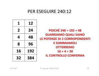 PER ESEGUIRE 240:12

             1   12
             2   24           POICHÉ 240 = 192 + 48
                           GUARDIAMO QUALI SIANO
             4   48    LE POTENZE DI 2 CORRISPONDENTI
             8   96             E SOMMIAMOLI
                                  OTTERREMO
        16       192               16 + 4 = 20
                           IL CONTROLLO CONFERMA
        32       384

24/11/2011             R. Imperiale, DISCALCULIA   176
 