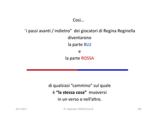 Così…

       “i passi avanti / indietro” dei giocatori di Regina Reginella
                                 diventarono
                                 la parte BLU
                                       e
                               la parte ROSSA




                    di qualsiasi “cammino” sul quale
                       è “la stessa cosa” muoversi
                          in un verso o nell’altro.
24/11/2011                  R. Imperiale, DISCALCULIA                  192
 
