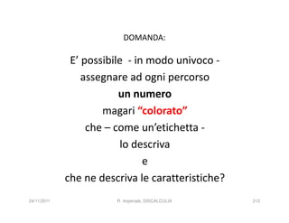 DOMANDA:

              E’ possibile - in modo univoco -
                 assegnare ad ogni percorso
                         un numero
                     magari “colorato”
                  che – come un’etichetta -
                         lo descriva
                               e
             che ne descriva le caratteristiche?
24/11/2011              R. Imperiale, DISCALCULIA   212
 