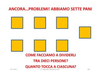 ANCORA…PROBLEMI! ABBIAMO SETTE PANI




             COME FACCIAMO A DIVIDERLI
                TRA DIECI PERSONE?
24/11/2011
             QUANTO TOCCA A CIASCUNA?
                    R. Imperiale, DISCALCULIA   263
 