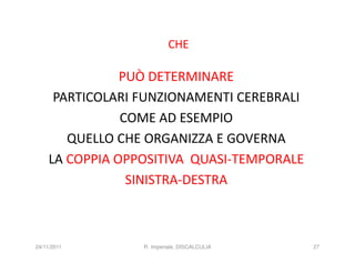 CHE

               PUÒ DETERMINARE
     PARTICOLARI FUNZIONAMENTI CEREBRALI
               COME AD ESEMPIO
       QUELLO CHE ORGANIZZA E GOVERNA
    LA COPPIA OPPOSITIVA QUASI-TEMPORALE
                SINISTRA-DESTRA



24/11/2011       R. Imperiale, DISCALCULIA   27
 