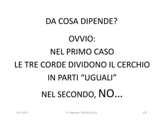 DA COSA DIPENDE?
              OVVIO:
         NEL PRIMO CASO
LE TRE CORDE DIVIDONO IL CERCHIO
        IN PARTI “UGUALI”
             NEL SECONDO, NO…
24/11/2011       R. Imperiale, DISCALCULIA   278
 