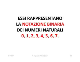 ESSI RAPPRESENTANO
             LA NOTAZIONE BINARIA
             DEI NUMERI NATURALI
                0, 1, 2, 3, 4, 5, 6, 7.


24/11/2011           R. Imperiale, DISCALCULIA   323
 