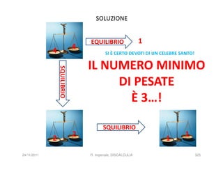 SOLUZIONE


                                  EQUILIBRIO                  1
                              4
             4                            SI È CERTO DEVOTI DI UN CELEBRE SANTO!

                                  IL NUMERO MINIMO
                 SQUILIBRIO


                                       DI PESATE
                                         È 3…!

                                         SQUILIBRIO
                              2                                             1
             2                                                     1
24/11/2011                        R. Imperiale, DISCALCULIA                        325
 