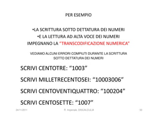 PER ESEMPIO


           •LA SCRITTURA SOTTO DETTATURA DEI NUMERI
             •E LA LETTURA AD ALTA VOCE DEI NUMERI
         IMPEGNANO LA “TRANSCODIFICAZIONE NUMERICA”

             VEDIAMO ALCUNI ERRORI COMPIUTI DURANTE LA SCRITTURA
                         SOTTO DETTATURA DEI NUMERI


    SCRIVI CENTOTRE: “1003”
    SCRIVI MILLETRECENTOSEI: “10003006”
    SCRIVI CENTOVENTIQUATTRO: “100204”
    SCRIVI CENTOSETTE: “1007”
24/11/2011                    R. Imperiale, DISCALCULIA            33
 