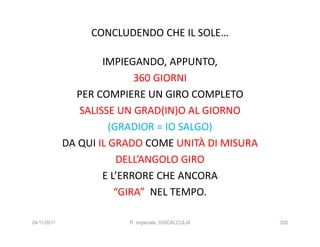 CONCLUDENDO CHE IL SOLE…

                     IMPIEGANDO, APPUNTO,
                            360 GIORNI
               PER COMPIERE UN GIRO COMPLETO
                SALISSE UN GRAD(IN)O AL GIORNO
                       (GRADIOR = IO SALGO)
             DA QUI IL GRADO COME UNITÀ DI MISURA
                         DELL’ANGOLO GIRO
                     E L’ERRORE CHE ANCORA
                        “GIRA” NEL TEMPO.

24/11/2011               R. Imperiale, DISCALCULIA   335
 