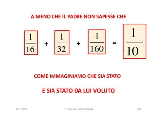 A MENO CHE IL PADRE NON SAPESSE CHE


         1          1                          1       1
                 +                 +              =
        16         32                         160     10
              COME IMMAGINIAMO CHE SIA STATO

                 E SIA STATO DA LUI VOLUTO

24/11/2011               R. Imperiale, DISCALCULIA     349
 