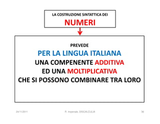 LA COSTRUZIONE SINTATTICA DEI

                      NUMERI

                          PREVEDE
             PER LA LINGUA ITALIANA
      UNA COMPENENTE ADDITIVA
         ED UNA MOLTIPLICATIVA
 CHE SI POSSONO COMBINARE TRA LORO



24/11/2011            R. Imperiale, DISCALCULIA   36
 
