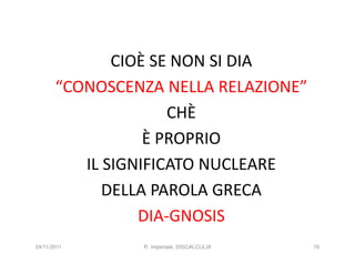 CIOÈ SE NON SI DIA
       “CONOSCENZA NELLA RELAZIONE”
                     CHÈ
                  È PROPRIO
          IL SIGNIFICATO NUCLEARE
             DELLA PAROLA GRECA
                 DIA-GNOSIS
24/11/2011      R. Imperiale, DISCALCULIA   76
 