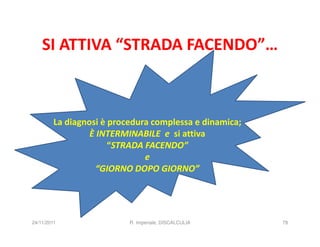SI ATTIVA “STRADA FACENDO”…



         La diagnosi è procedura complessa e dinamica;
                  È INTERMINABILE e si attiva
                       “STRADA FACENDO”
                               e
                    “GIORNO DOPO GIORNO”




24/11/2011                 R. Imperiale, DISCALCULIA     78
 