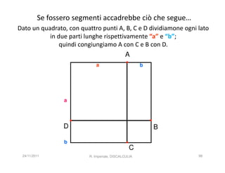 Se fossero segmenti accadrebbe ciò che segue…
Dato un quadrato, con quattro punti A, B, C e D dividiamone ogni lato
           in due parti lunghe rispettivamente “a” e “b”;
               quindi congiungiamo A con C e B con D.
                                        A
                             a                       b




                a




                D                                        B

                b
                                                C
 24/11/2011              R. Imperiale, DISCALCULIA               98
 