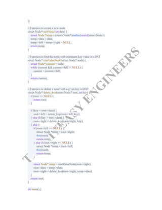 T
A
K
E
I
T
E
A
S
Y
E
N
G
I
N
E
E
R
S
};​
​
// Function to create a new node​
struct Node* newNode(int data) {​
struct Node *temp = (struct Node*)malloc(sizeof(struct Node));​
temp->data = data;​
temp->left = temp->right = NULL;​
return temp;​
}​
​
// Function to find the node with minimum key value in a BST​
struct Node* minValueNode(struct Node* node) {​
struct Node* current = node;​
while (current && current->left != NULL) {​
current = current->left;​
}​
return current;​
}​
​
// Function to delete a node with a given key in BST​
struct Node* delete_key(struct Node* root, int key) {​
if (root == NULL) {​
return root;​
}​
​
if (key < root->data) {​
root->left = delete_key(root->left, key);​
} else if (key > root->data) {​
root->right = delete_key(root->right, key);​
} else {​
if (root->left == NULL) {​
struct Node *temp = root->right;​
free(root);​
return temp;​
} else if (root->right == NULL) {​
struct Node *temp = root->left;​
free(root);​
return temp;​
}​
​
struct Node* temp = minValueNode(root->right);​
root->data = temp->data;​
root->right = delete_key(root->right, temp->data);​
}​
return root;​
}​
​
int main() {​
 
