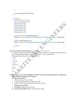T
A
K
E
I
T
E
A
S
Y
E
N
G
I
N
E
E
R
S
}​
​
return search_key(root->left, key);​
}​
​
int main() {​
struct Node *root = NULL;​
root = insert_key(root, 50);​
insert_key(root, 30);​
insert_key(root, 20);​
insert_key(root, 40);​
insert_key(root, 70);​
insert_key(root, 60);​
insert_key(root, 80);​
​
struct Node *result = search_key(root, 20);​
(result == NULL) ? printf("Data Not Foundn") : printf("Data Found %dn", result->data);​
​
result = search_key(root, 100);​
(result == NULL) ? printf("Data Not Foundn") : printf("Data Found %dn", result->data);​
​
return 0;​
}​
30.​Construct BST for the following: 22, 28, 20, 25, 22, 15, 18, 10, 14​
To construct a Binary Search Tree (BST) from the given sequence, we insert each element into the
tree while maintaining the BST property (left subtree < node < right subtree).​
Following the insertion order, the resulting BST is:​
22​
/ ​
20 28​
/  /​
15 22 25​
/ ​
10 18​
/​
14​
31.​How do you create a note and delete it in BST, State the rules and also design a C program to
create a Binary Search Tree of N Integers.​
Creating a node in BST:
1.​ Allocate memory for a new node.
2.​ Assign the desired data to the node's data field.
3.​ Set the left and right child pointers of the node to NULL.
Deleting a node in BST:
1.​ Leaf node: Simply remove the node.
2.​ Node with one child: Replace the node with its child.
 