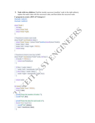 T
A
K
E
I
T
E
A
S
Y
E
N
G
I
N
E
E
R
S
3.​ Node with two children: Find the inorder successor (smallest1
node in the right subtree),
replace the node's data with the successor's data, and then delete the successor node.
C program to create a BST of N integers:C​
#include <stdio.h>​
#include <stdlib.h>​
​
struct Node {​
int data;​
struct Node *left;​
struct Node *right;​
};​
​
// Function to create a new node​
struct Node* newNode(int data) {​
struct Node *temp = (struct Node*)malloc(sizeof(struct Node));​
temp->data = data;​
temp->left = temp->right = NULL;​
return temp;​
}​
​
// Function to insert a new key in BST​
struct Node* insert(struct Node* node, int key) {​
if (node == NULL) {​
return newNode(key);​
}​
​
if (key < node->data) {​
node->left = insert(node->left, key);​
} else if (key > node->data) {​
node->right = insert(node->right, key);​
}​
​
return node;​
}​
​
int main() {​
struct Node *root = NULL;​
int n, i, data;​
​
printf("Enter the number of nodes: ");​
scanf("%d", &n);​
​
printf("Enter the data for each node:n");​
for (i = 0; i < n; i++) {​
scanf("%d", &data);​
root = insert(root, data);​
}​
 
