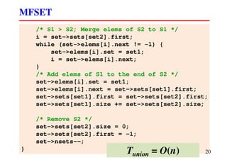 /* S1 > S2; Merge elems of S2 to S1 */
i = set->sets[set2].first;
while (set->elems[i].next != -1) {
set->elems[i].set = set1;
i = set->elems[i].next;
}
/* Add elems of S1 to the end of S2 */
set->elems[i].set = set1;
set->elems[i].next = set->sets[set1].first;
set->sets[set1].first = set->sets[set2].first;
set->sets[set1].size += set->sets[set2].size;
/* Remove S2 */
set->sets[set2].size = 0;
set->sets[set2].first = -1;
set->nsets--;
}
MFSET
20Tunion = O(n)
 