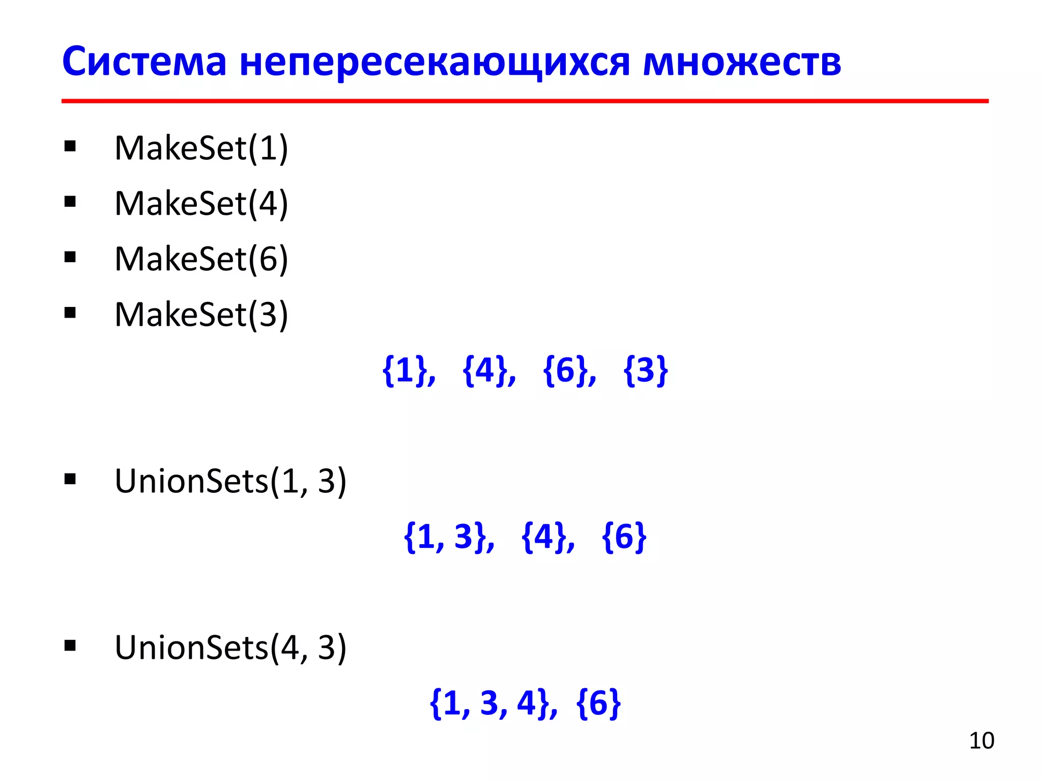 Система непересекающихся множеств
10
 MakeSet(1)
 MakeSet(4)
 MakeSet(6)
 MakeSet(3)
{1}, {4}, {6}, {3}
 UnionSets(1, 3)
{1, 3}, {4}, {6}
 UnionSets(4, 3)
{1, 3, 4}, {6}
 