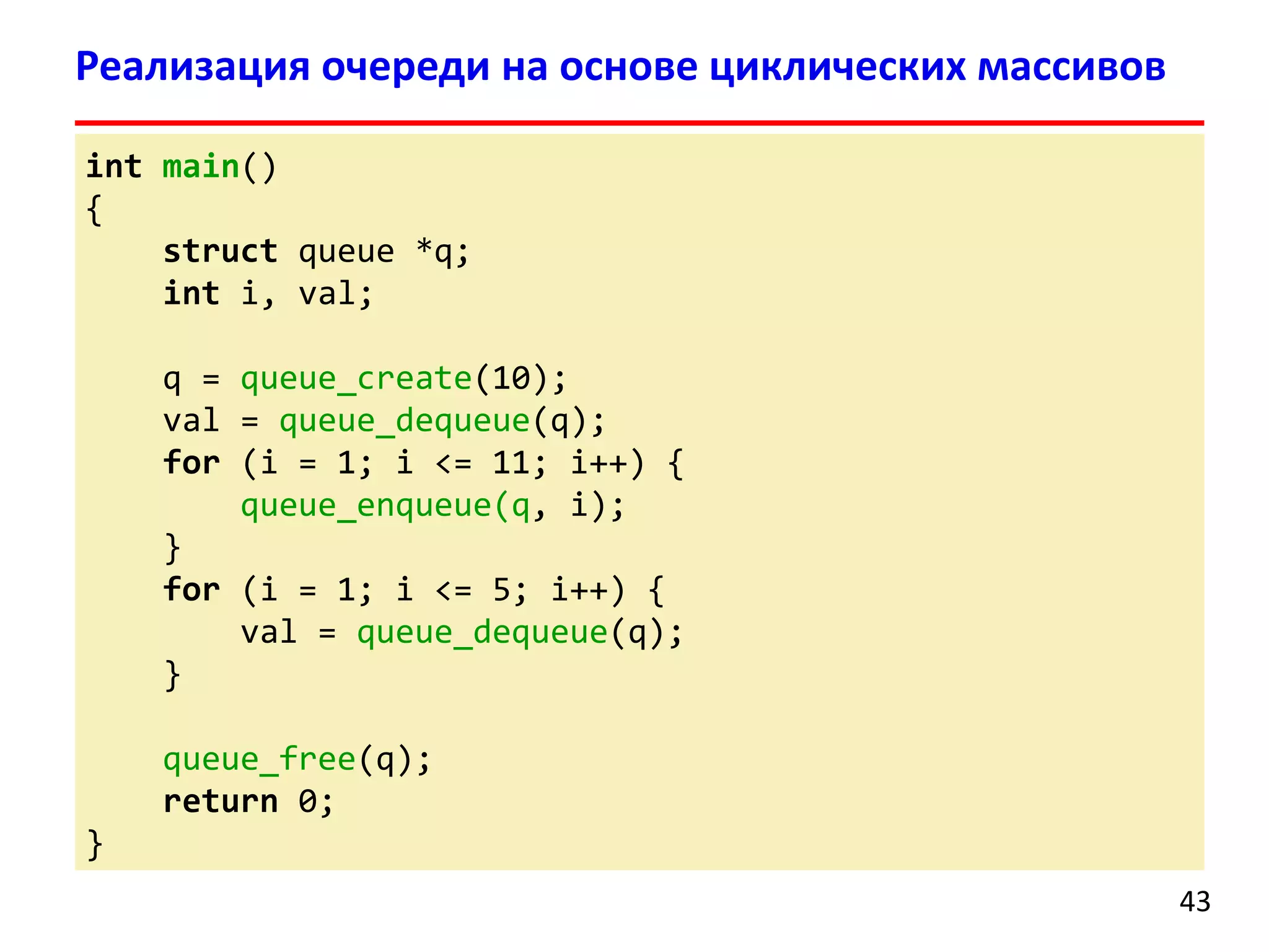 Реализация очереди на основе циклических массивов
int main()
{
struct queue *q;
int i, val;
q = queue_create(10);
val = queue_dequeue(q);
for (i = 1; i <= 11; i++) {
queue_enqueue(q, i);
}
for (i = 1; i <= 5; i++) {
val = queue_dequeue(q);
}
queue_free(q);
return 0;
}
43

 