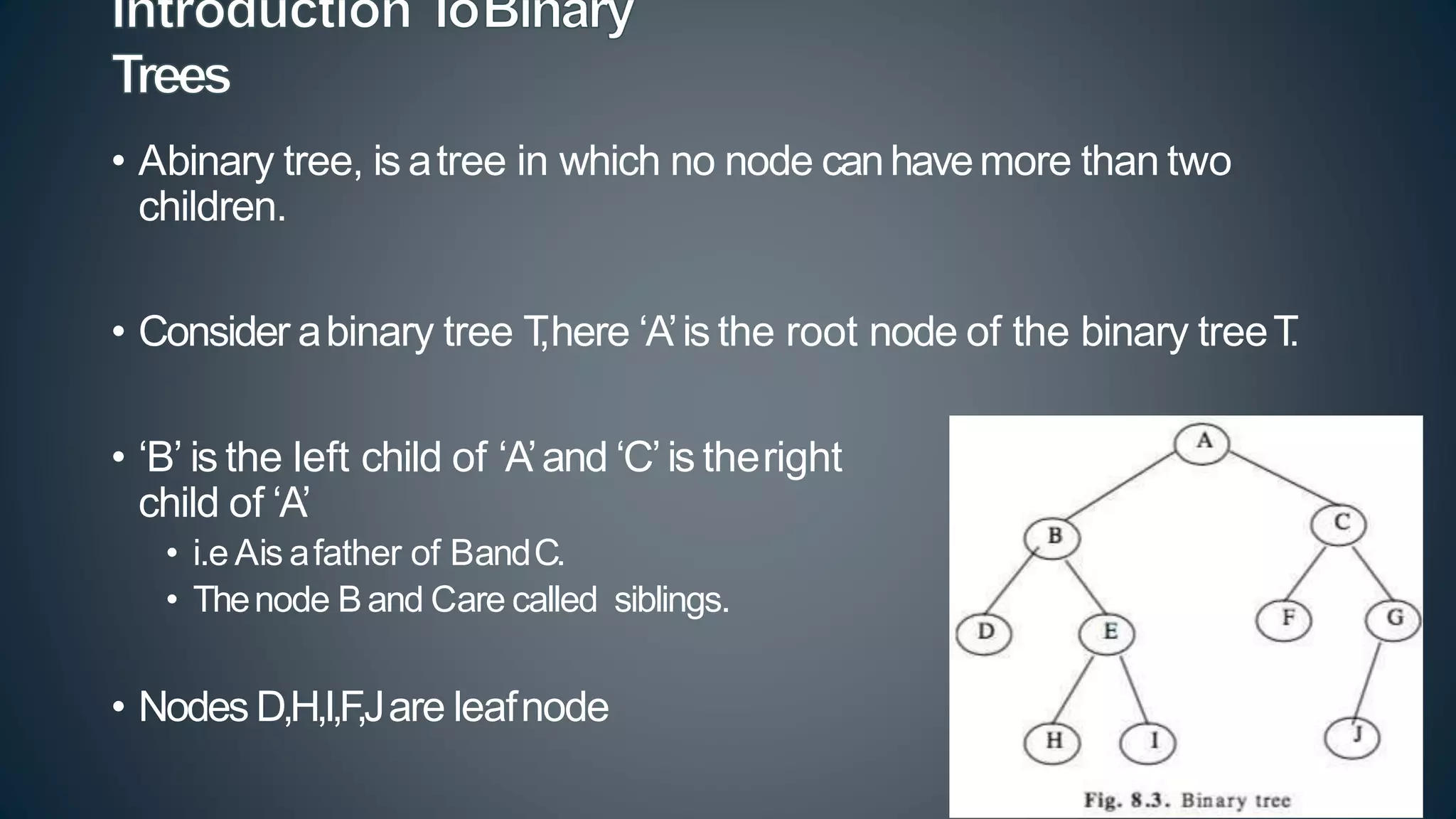 • Abinary tree, is atree in which no node canhavemore than two
children.
• Consider abinary tree T
,here ‘A’is the root node of the binary treeT
.
• ‘B’ is the left child of ‘A’and ‘C’is theright
child of ‘A’
• i.e Ais afather of BandC.
• Thenode Band Care called siblings.
• Nodes D,H,I,F
,Jare leafnode
 