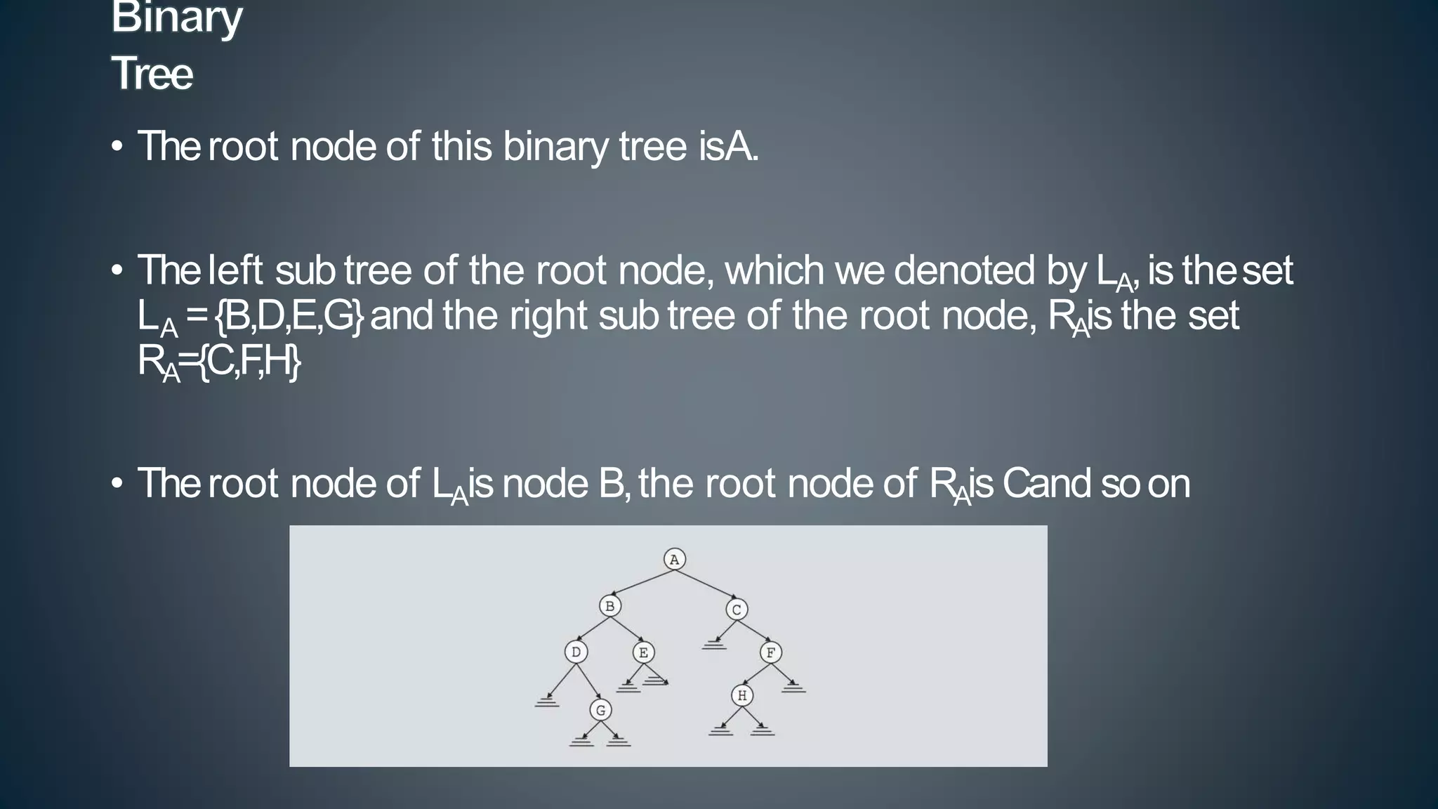 • Theroot node of this binary tree isA.
• Theleft sub tree of the root node, which we denoted by LA,is theset
LA ={B,D,E,G}and the right sub tree of the root node, RAis the set
RA={C,F
,H}
• Theroot node of LAis node B,the root node of RAis Cand soon
 
