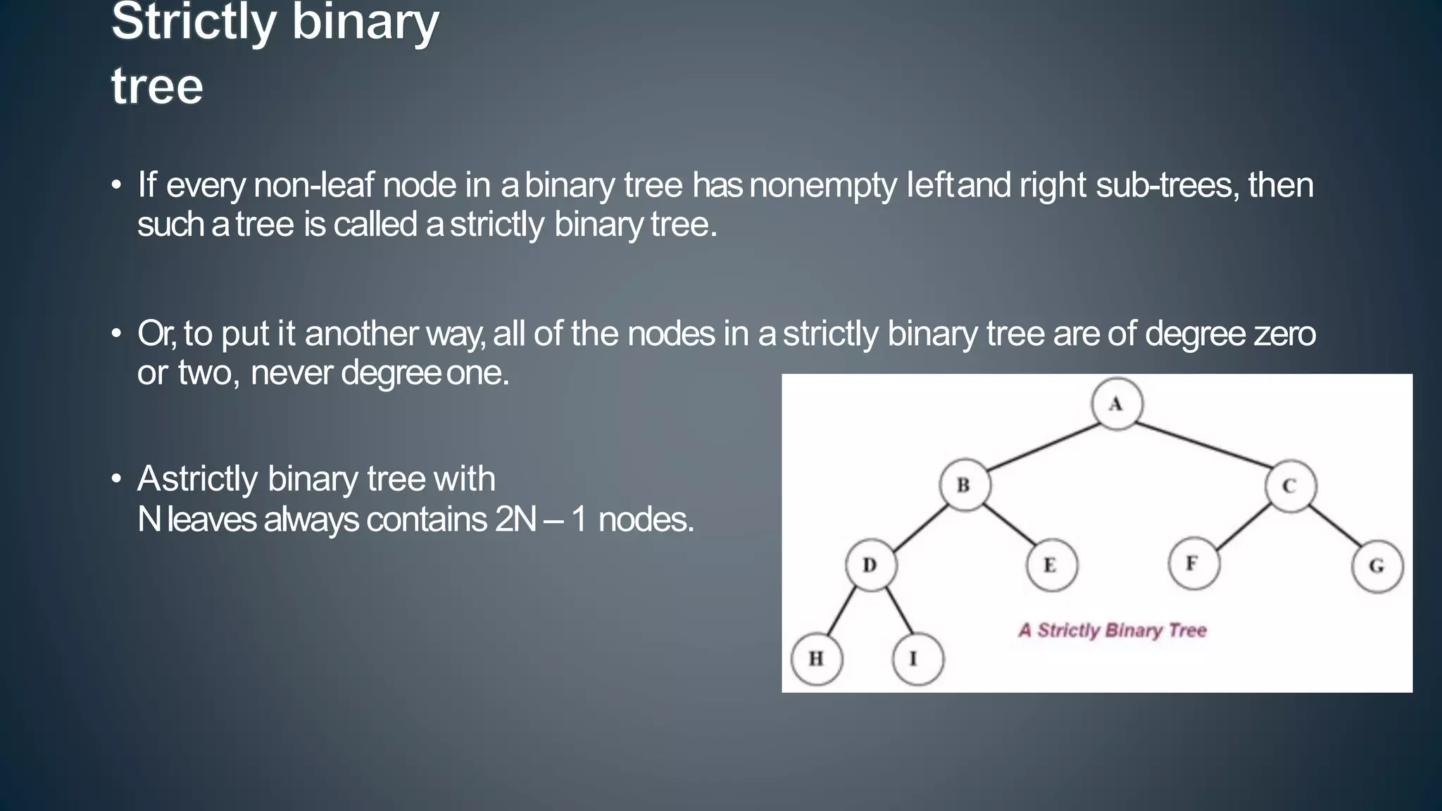 • If every non-leaf node in abinary tree hasnonempty leftand right sub-trees, then
suchatree is called astrictly binarytree.
• Or,to put it another way,all of the nodes in astrictly binary tree are of degree zero
or two, never degreeone.
• Astrictly binary tree with
Nleavesalwayscontains 2N– 1 nodes.
 