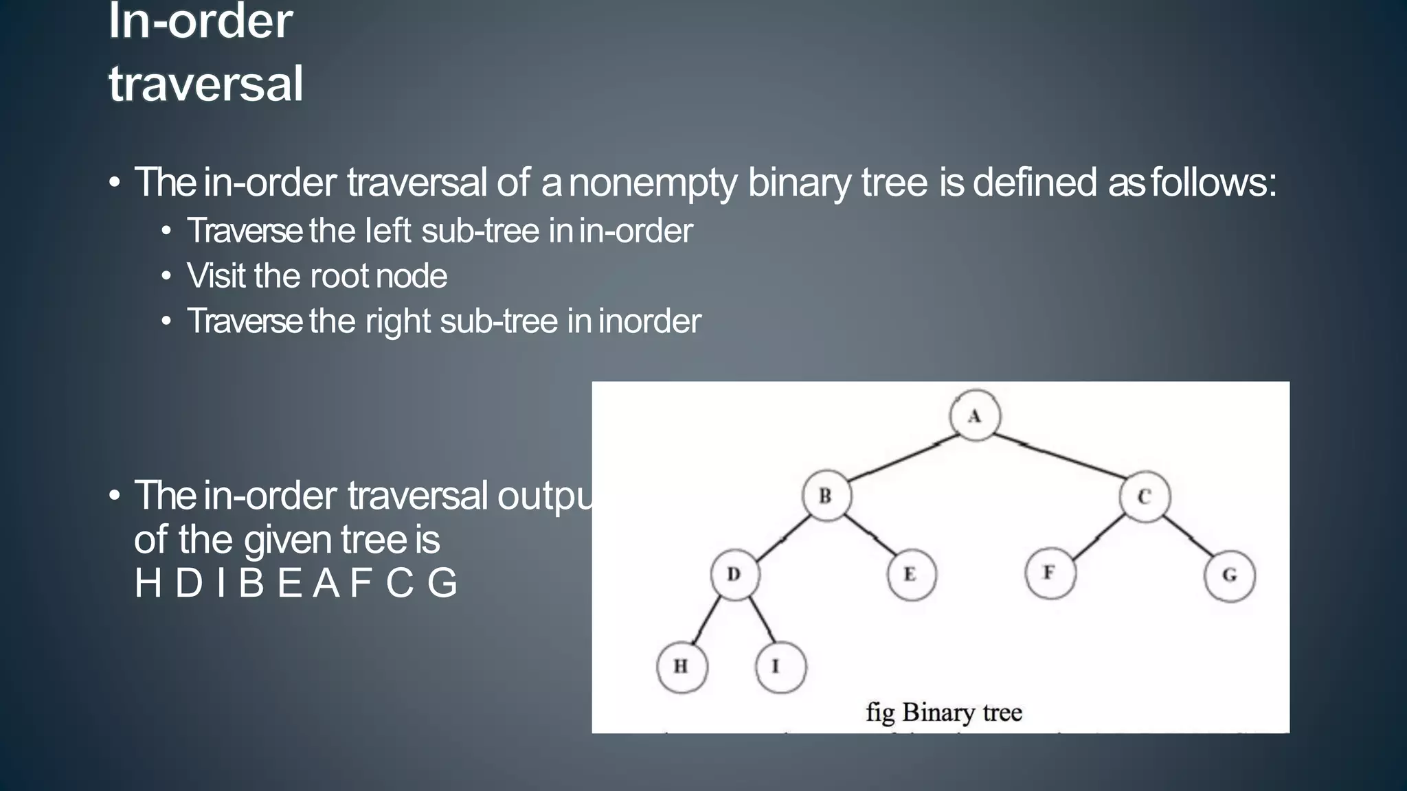 • Thein-order traversal of anonempty binary tree is defined asfollows:
• Traversethe left sub-tree inin-order
• Visit the root node
• Traversethe right sub-tree ininorder
• Thein-order traversal output
of the given treeis
H D I B E A F C G
 