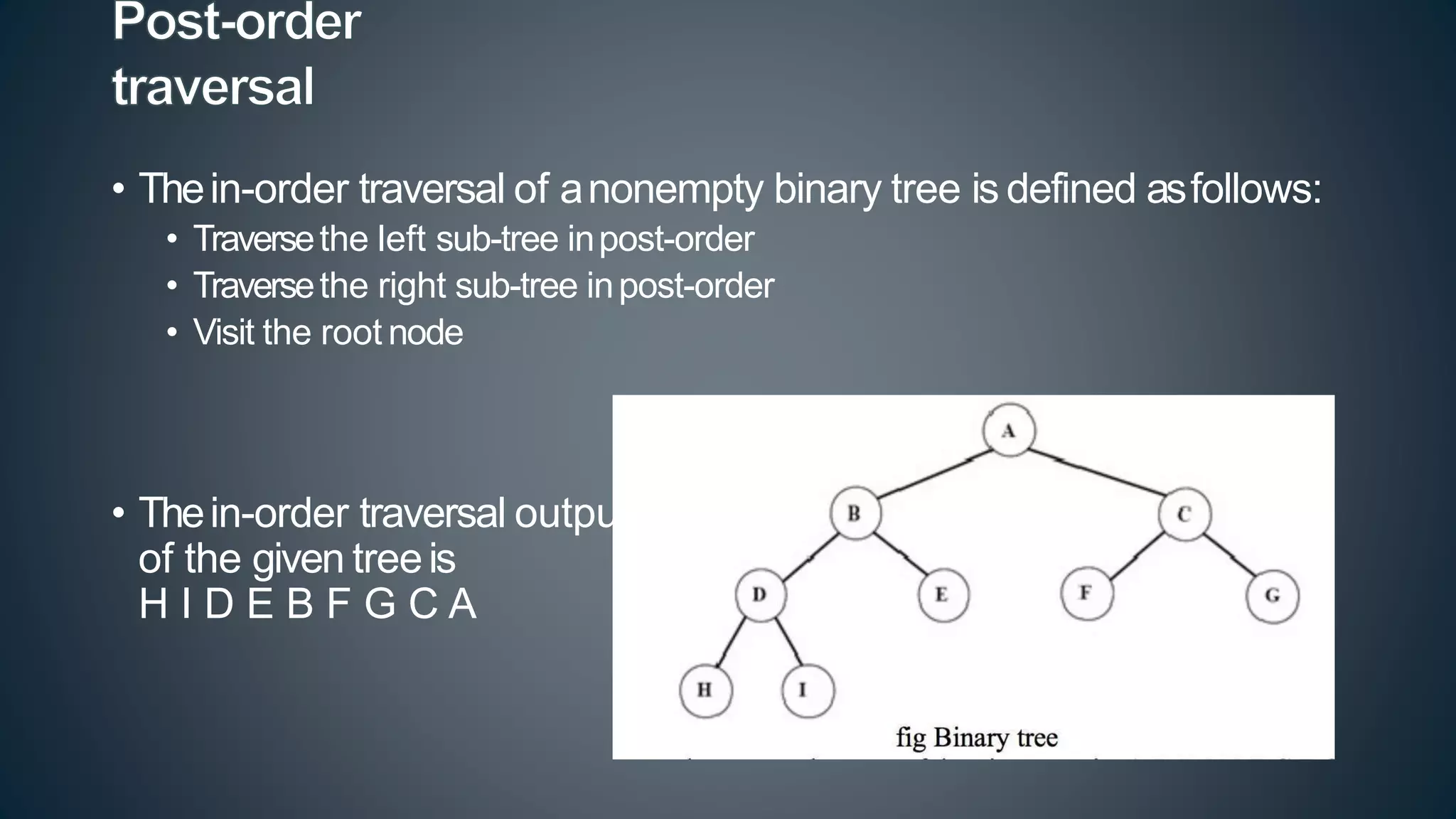 • Thein-order traversal of anonempty binary tree is defined asfollows:
• Traversethe left sub-tree inpost-order
• Traversethe right sub-tree inpost-order
• Visit the root node
• Thein-order traversal output
of the given treeis
H I D E B F G C A
 