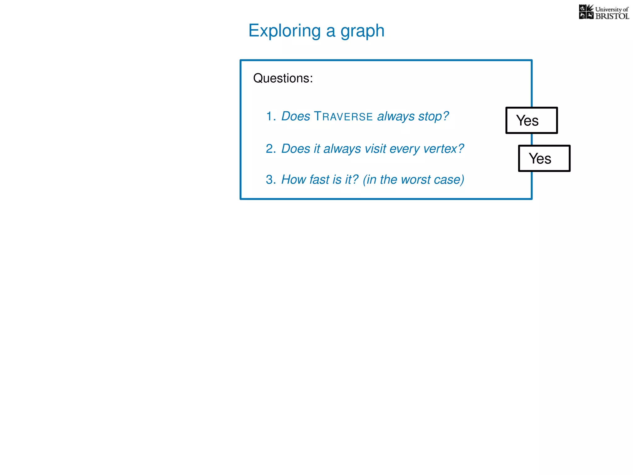 Exploring a graph
Questions:
1. Does TRAVERSE always stop?
2. Does it always visit every vertex?
Yes
Yes
3. How fast is it? (in the worst case)
 