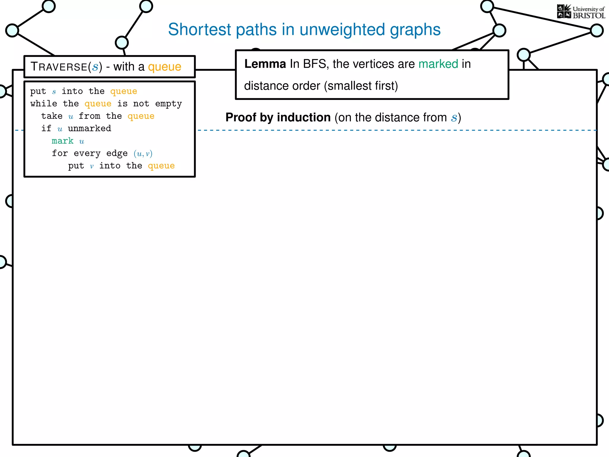 Shortest paths in unweighted graphs
s
Goal: ﬁnd the distance from the
source s to every other vertex
Breadth-First Search (BFS)
is TRAVERSE using a queue as the bag
Lemma In BFS, the vertices
are marked in distance order (smallest ﬁrst)
This is why it’s called
Breadth-First Search
Lemma In BFS, the vertices are marked in
distance order (smallest ﬁrst)
Proof by induction (on the distance from s)
TRAVERSE(s) - with a queue
put s into the queue
while the queue is not empty
take u from the queue
if u unmarked
mark u
for every edge (u, v)
put v into the queue
 