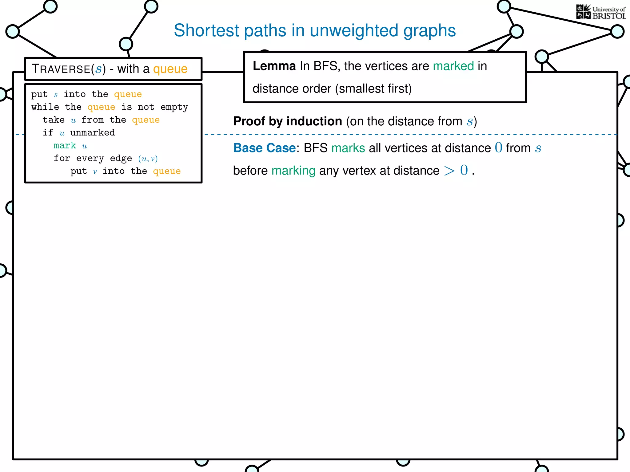 Shortest paths in unweighted graphs
s
Goal: ﬁnd the distance from the
source s to every other vertex
Breadth-First Search (BFS)
is TRAVERSE using a queue as the bag
Lemma In BFS, the vertices
are marked in distance order (smallest ﬁrst)
This is why it’s called
Breadth-First Search
Base Case: BFS marks all vertices at distance 0 from s
before marking any vertex at distance > 0 .
Lemma In BFS, the vertices are marked in
distance order (smallest ﬁrst)
Proof by induction (on the distance from s)
TRAVERSE(s) - with a queue
put s into the queue
while the queue is not empty
take u from the queue
if u unmarked
mark u
for every edge (u, v)
put v into the queue
 