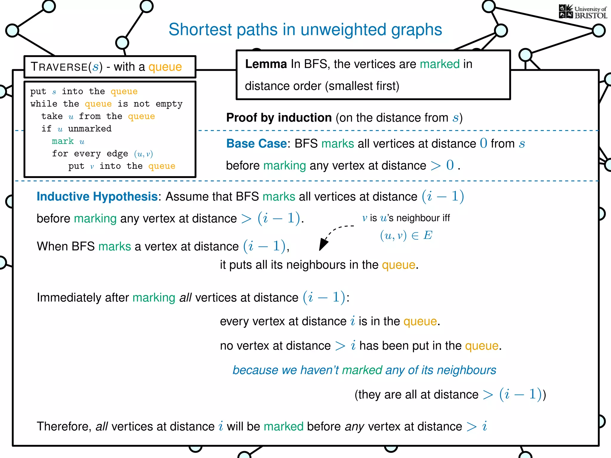 Shortest paths in unweighted graphs
s
Goal: ﬁnd the distance from the
source s to every other vertex
Breadth-First Search (BFS)
is TRAVERSE using a queue as the bag
Lemma In BFS, the vertices
are marked in distance order (smallest ﬁrst)
This is why it’s called
Breadth-First Search
Base Case: BFS marks all vertices at distance 0 from s
before marking any vertex at distance > 0 .
Inductive Hypothesis: Assume that BFS marks all vertices at distance (i − 1)
before marking any vertex at distance > (i − 1).
When BFS marks a vertex at distance (i − 1),
Immediately after marking all vertices at distance (i − 1):
it puts all its neighbours in the queue.
every vertex at distance i is in the queue.
no vertex at distance > i has been put in the queue.
because we haven’t marked any of its neighbours
Therefore, all vertices at distance i will be marked before any vertex at distance > i
Lemma In BFS, the vertices are marked in
distance order (smallest ﬁrst)
Proof by induction (on the distance from s)
(they are all at distance > (i − 1))
v is u’s neighbour iff
(u, v) ∈ E
TRAVERSE(s) - with a queue
put s into the queue
while the queue is not empty
take u from the queue
if u unmarked
mark u
for every edge (u, v)
put v into the queue
 