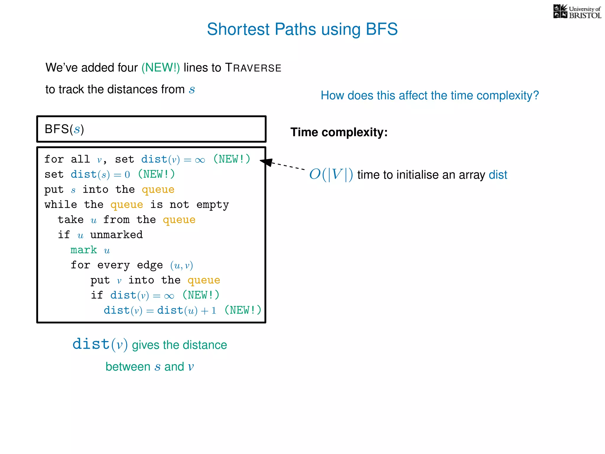 Shortest Paths using BFS
for all v, set dist(v) = ∞ (NEW!)
set dist(s) = 0 (NEW!)
put s into the queue
while the queue is not empty
take u from the queue
if u unmarked
mark u
for every edge (u, v)
put v into the queue
if dist(v) = ∞ (NEW!)
dist(v) = dist(u) + 1 (NEW!)
BFS(s)
dist(v) gives the distance
between s and v
Time complexity:
We’ve added four (NEW!) lines to TRAVERSE
to track the distances from s How does this affect the time complexity?
O(|V |) time to initialise an array dist
 