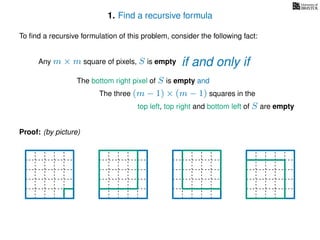 1. Find a recursive formula
To ﬁnd a recursive formulation of this problem, consider the following fact:
Any m × m square of pixels, S is empty
The bottom right pixel of S is empty and
The three (m − 1) × (m − 1) squares in the
top left, top right and bottom left of S are empty
Proof: (by picture)
if and only if
 