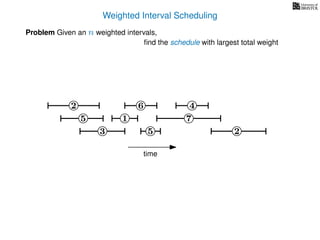 Weighted Interval Scheduling
6
Problem Given an n weighted intervals,
ﬁnd the schedule with largest total weight
2
1
3 5 2
4
7
time
5
 