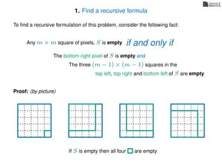 1. Find a recursive formula
To ﬁnd a recursive formulation of this problem, consider the following fact:
Any m × m square of pixels, S is empty
The bottom right pixel of S is empty and
The three (m − 1) × (m − 1) squares in the
top left, top right and bottom left of S are empty
Proof: (by picture)
If S is empty then all four are empty
if and only if
 