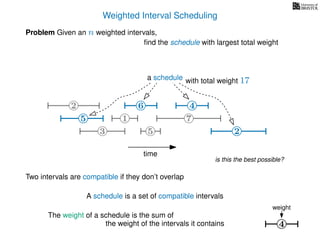 Weighted Interval Scheduling
Problem Given an n weighted intervals,
ﬁnd the schedule with largest total weight
time
2
1
3 5 2
4
75
6
4
weight
6
Two intervals are compatible if they don’t overlap
A schedule is a set of compatible intervals
The weight of a schedule is the sum of
the weight of the intervals it contains
is this the best possible?
5
6
with total weight 17a schedule
2
4
 