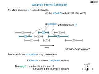 Weighted Interval Scheduling
Problem Given an n weighted intervals,
ﬁnd the schedule with largest total weight
time
2
1
3 5 2
4
75
6
4
weight
6
Two intervals are compatible if they don’t overlap
A schedule is a set of compatible intervals
The weight of a schedule is the sum of
the weight of the intervals it contains
with total weight 18
7
a schedule
is this the best possible?
5
 