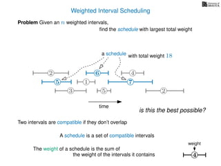 Weighted Interval Scheduling
Problem Given an n weighted intervals,
ﬁnd the schedule with largest total weight
time
2
1
3 5 2
4
75
6
4
weight
6
Two intervals are compatible if they don’t overlap
A schedule is a set of compatible intervals
The weight of a schedule is the sum of
the weight of the intervals it contains
with total weight 18
7
a schedule
is this the best possible?
5
 
